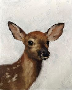 an oil painting of a deer's head on a white background with brown spots