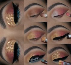 Peach And Gold Makeup, Simple Glam Eyeshadow, Peach Eyeshadow Looks, Glamour Eyes, Teal Eye Makeup, Step By Step Eyeshadow, Make Up Designs, Drag Make-up