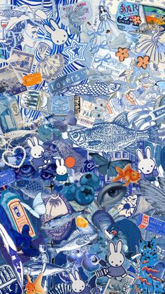 blue and white collage with many different things on it, including fish, flowers, and other items