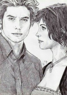 a drawing of two people standing next to each other, one is looking at the other