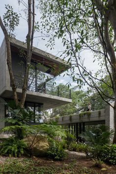 the house is surrounded by trees and plants