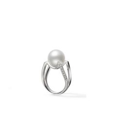 "M" is for Mikimoto, as well as modern, with the letter becoming a design element of this ring with a split shank. Crafted in 18K white gold, diamonds set in a shape reminiscent of the initial highlight a 12mm A+ white South Sea cultured pearl. This Mikimoto ring is remarkably radiant. Minimalist Diamond Pearl Ring For Formal Occasions, White Diamond Open Ring For Formal Occasions, Formal White Diamond Open Ring, Modern Single Diamond White Jewelry, Modern White Jewelry With Single Diamond, Elegant White Diamond Ring With Polished Finish, Elegant White Rings With Polished Finish, Modern Diamond Pearl Ring For Anniversary, Elegant Pearl Ring In White Gold With Single Diamond