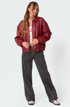 Add the perfect sporty layer to your look with this merlot-hued jacket crafted from sleek faux leather and finished with stretchy elastic at the hem and cuffs. Front zip closure Spread collar Elastic cuffs Side zip pockets Dropped shoulders 100% polyurethane Hand wash, line dry Imported Red Leather Jacket Outfit, Vintage Jackets Women, Custom Leather Jackets, Leather Jacket Outfits, Vintage Leather Jacket, Oversized Jacket, Faux Leather Jacket, Zipper Jacket, Leather Jackets Women