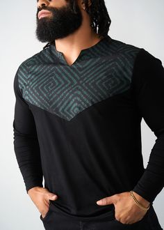 Style#: M2017 Keep it comfy and casual while rocking some African flare with the Rufaro Men's African print Applique T-Shirt in green and black Malachite Diamond Adire print. Features: Long Sleeve Tee 97% Cotton/3% Spandex Stretch Poplin Yoke​ at Chest 100% Cotton Jersey Small v-shape at collar Designed in the USA, imported Care Instructions: Machine wash cold with like colors. Line Dry or dry clean. Warm Iron if needed. Model: Size: L | Height 6" | Chest 44" | Waist 36.6" Green V-neck Shirt With Graphic Print, Black Cotton V-neck Shirt, Black V-neck Shirt With Graphic Print, Collar Designs, Workout Accessories, Swimwear Accessories, V Shape, Sweater Jacket, African Print