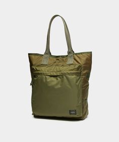 Porter Yoshida & Co. Force Tote Bag in Olive Military Style Nylon Bags For Everyday Use, Khaki Nylon Bag With Functional Pockets, Khaki Utility Bag With Functional Pockets, Khaki Bag With Functional Pockets For Daily Use, Military Style Everyday Khaki Bag, Khaki Bags With Functional Pockets For Daily Use, Everyday Military Style Khaki Bag, Military Style Bags With Multiple Pockets For Everyday Use, Military Bags With Multiple Pockets For Everyday Use