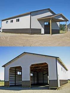 two pictures side by side of a building and the same one with an attached garage