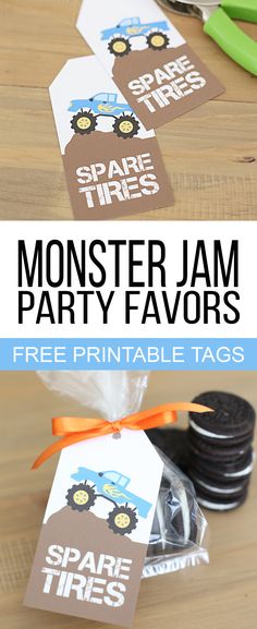 monster jam party favors with free printable tags for kids to use on the table