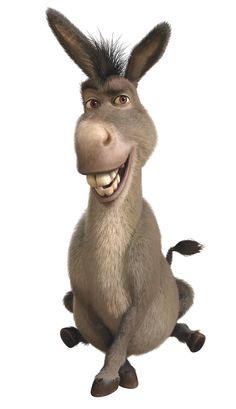 an animated donkey sitting and smiling for the camera