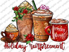 holiday beverage clipart with coffee, hot chocolate and christmas cookies in mugs on white background