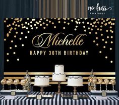 a black and gold themed birthday party with cake, candles and desserts on the table