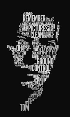 a man's face with words written in the shape of him on black background