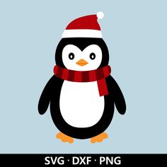 a penguin wearing a santa hat and scarf with the words svg dxf png