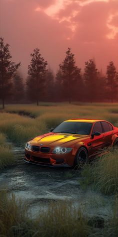 an orange car parked in the middle of a grassy field with trees and clouds behind it