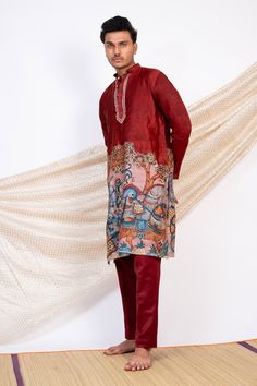 Maroon full sleeves kurta with artistic Sena Kalamkari print and zardozi embroidered highlights on the placket. Paired with a pant. - Aza Fashions Silk Kurta With Multicolor Embroidery And Long Sleeves, Festive Silk Kurta With Digital Print, Long Sleeve Multicolor Cotton Silk Kurta, Multicolor Silk Kurta With Dabka Detailing, Bollywood Style Silk Kurta With Digital Print, Traditional Red Bandhgala With Long Sleeves, Red Traditional Long Sleeve Bandhgala, Traditional Red Long Sleeve Bandhgala, Multicolor Silk Long Sleeve Sets