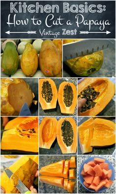 how to cut papaya in the kitchen with pictures on it and text overlay