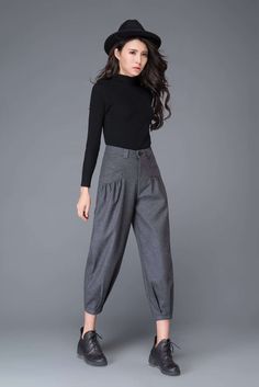 The gray pants need select for the coming winter.The capris pants suit for anyone. when you wear the skinny pants, you can match a knit blouse. at the same time, you can try to select one longer wool coat from this shop and match the pants. FEATURES 25% wool blend, other fiber,nylon Polyester Lining, Length ends at the mid thigh Front zipper and buttons closure Two pockets Regular fit Above ankle length Perfect for winter, autumn More color SIZE Available in sizes XS-XXL How to choose size ? 1.C Gray High-waisted Pants For Fall, Gray Tapered Leg Winter Pants, Winter High-waist Harem Pants With Loose Hips, Gray Trousers For Fall, Gray Cargo Pants For Fall, Gray High Waist Winter Pants, Gray Tapered Leg Bottoms For Winter, Gray Tapered Leg Winter Bottoms, Gray Ankle-length Pants For Winter