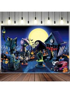 an image of a halloween scene with pumpkins and monsters on the ground in front of a