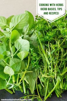 some green herbs sitting on top of a counter next to a white sign that says cooking with herbs herb basics, tips and recipes