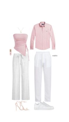 White With A Touch Of Pink Outfit, Pink And White Mens Outfit, Pink And White Party Outfit, Couple Pink Outfits, Couple Fits Matching, Couples Fits Matching, Pink And White Outfit Men, Couple Outfit Ideas Casual, Pink Couple Outfit