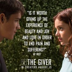 the giver movie poster with two people facing each other