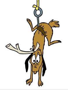 a cartoon dog hanging upside down on a rope