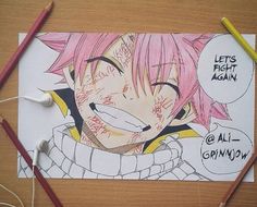 a drawing of an anime character with pink hair and black eyes on a piece of paper