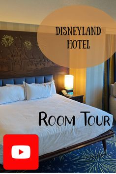 a room with a bed, chair and lamp in it that says disneyland hotel room tour