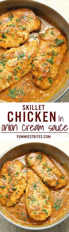 skillet chicken in onion cream sauce with parsley on the top and side view