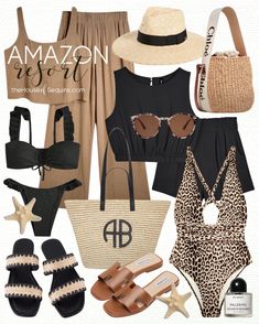 Fashion Vacation Outfit and Resortwear finds! Beach Vacation travel outfit, leopard swimsuit, ruffle bikini, linen matching sets, Steve Madden sandals, denim shorts, Anine Bing Palermo tote bag, Chloe bucket bag, straw beach bag Edgy Vacation Outfits, Women’s Tropical Vacation Outfits, Bahamas Outfit Ideas Black Women, Looks Cancun, Beach Sandals Outfit, Chloe Bucket Bag, Vacation Travel Outfit, Classy Beach Outfit, Bahamas Outfit