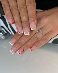 Valentines french tip inspo Bts Nails, Red French Tips, Beginner Nail Designs, French Tip Nail Designs, February Nails, Glittery Nails, Red French, Blush Nails