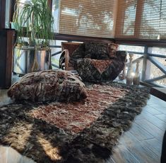 two chairs sitting on top of a wooden floor next to a plant in a vase