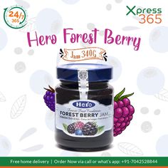 a jar of fresh berries jam with the label hero forest berry jam