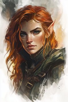 Kaelith Sendar stands with a lithe, agile form, her hybrid heritage gracefully blending elven elegance and human tenacity. Her skin possesses a soft, sun-kissed bronze hue. Her eyes, sharp and verdant like emeralds, peer beneath short, choppy bangs of fiery copper hair streaked with glints of silvery white. Her garb consists of tight, shadowy leathers intersected with slim black belts adorned with... Elf Rogue Female Dnd, High Elf Art, Red Hair Female Character Art, Summer Eladrin, Red Hair Elf, Short Choppy Bangs, Dnd Elves