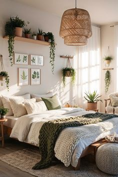 a bed sitting in a bedroom next to a window filled with potted greenery