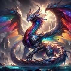 a colorful dragon sitting on top of a body of water