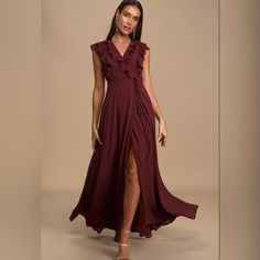 Nwt E16-3 Elegant Burgundy Maxi Dress For Summer, Chic Burgundy Dress For Dinner, Burgundy Ruffled Dress For Date Night, Burgundy Maxi Cocktail Dress, Burgundy Midi Dress For Summer Formal, Burgundy Floor-length Cocktail Dress, Formal Burgundy Maxi Dress, Chic Burgundy A-line Dress, Burgundy A-line Dress For Date Night