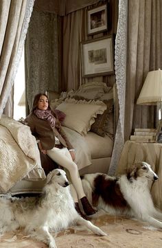 a woman sitting on top of a bed next to a white dog and a chandelier