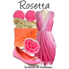 a woman in pink dress and shoes with rosetta on the heel, holding an orange purse