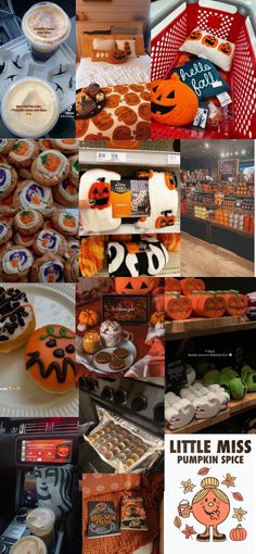 a collage of photos with pumpkins, cookies and cupcakes on display