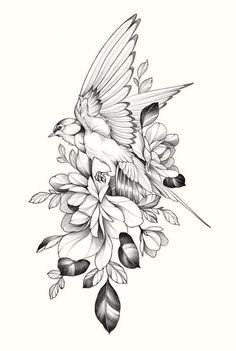 a black and white drawing of a bird with flowers on it's back side