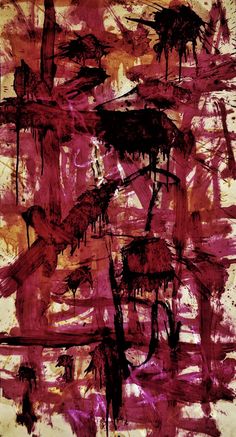 an abstract painting with red and purple colors on it's surface, including trees