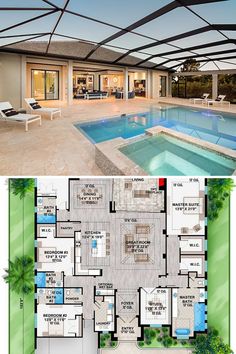 this is an image of a house with a swimming pool in the middle and another floor plan