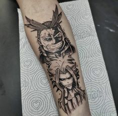 a tattoo on the leg of a person with a ninja face and two swords in their hands