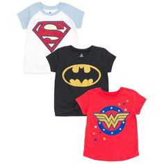 Become a superheroine and make the world a better place while wearing these DC Comics short sleeve t-shirts. Your daughter can fearlessly fight crime as Supergirl, Batgirl, and Wonder Woman in these soft, colorful tees. Villains don't stand a chance! Size: 10-12.  Color: Multicolor.  Gender: female.  Age Group: kids. Toddler Costumes Girl, Dc Comics Girls, Justice League Wonder Woman, Comics Girls, Soft Clothes, T Shirt Costumes, Kids Outfits Girls, Batgirl, Big Kid