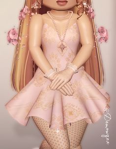 a digital painting of a woman in pink dress and stockings with flowers on her head