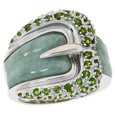 Jade of Yesteryear Jade and Gemstone Sterling Silver Buckle Ring This statement ring takes the classic buckle design and gives it a vibrant, gem-forward twist that will have heads turning.       Approx. 13/16"L x 7/8"W x 5/16"H; shank 1/8"W     Stamped .925 sterling silver; rhodium plating   Stone Information       All sizes and weights approximate     Green Jade - Geometric (15x10mm, 8x7mm)     Chrome Diopside - Round; 0.90ctw     Color-Enhanced Polymer Impregnated Purple Jade - Geometric (15x1 Jade Diamond Rings, Green Amethyst Ring, Buckle Ring, Purple Jade, Tanzanite Stone, Cushion Cut Ring, Fancy Diamonds, Jade Jewelry, Diamond Rings Bands