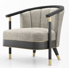 a gray chair with black and gold trim