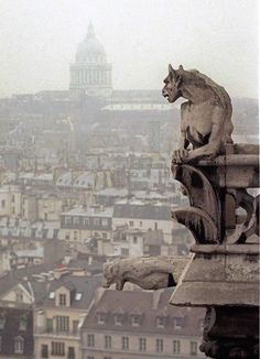 a gargoyle statue on top of a building with a city in the background