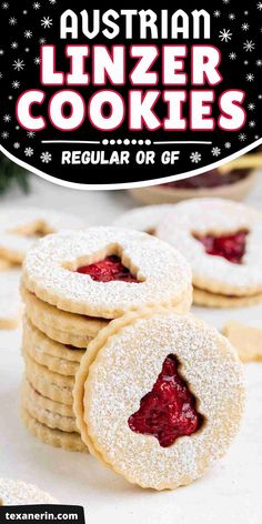 A stack of Linzer cookies with Christmas tree cut-outs and a text saying Austrian Linzer Cookies (regular or gluten-free)