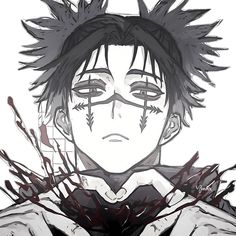 an anime character with black hair and blood splatters on his face, looking at the camera